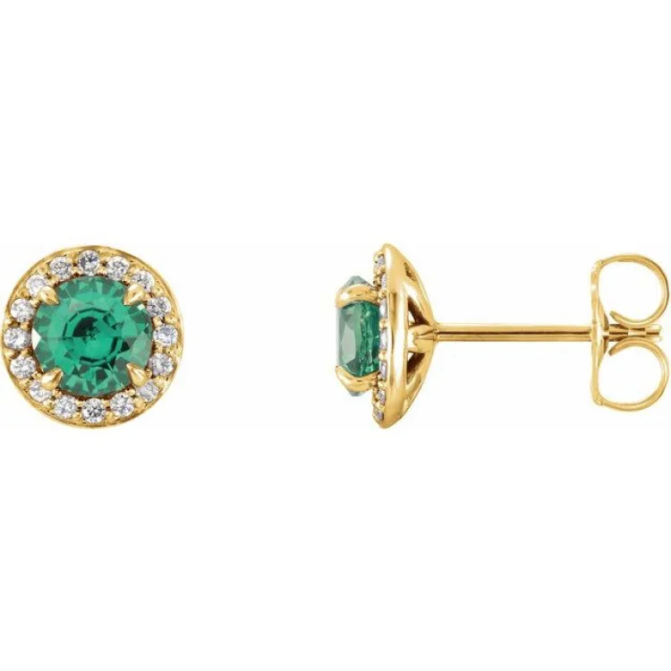 Ladies earrings pageant accessory -14K Yellow 5 mm Lab-Grown Emerald & 1/8 CTW Natural Diamond Earrings