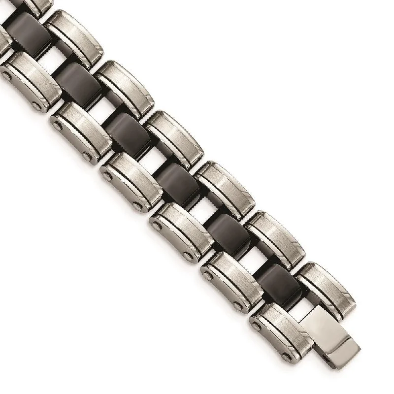 ladies bracelets retro design-Stainless Steel Brushed & Polished w/Black Ceramic Link Bracelet