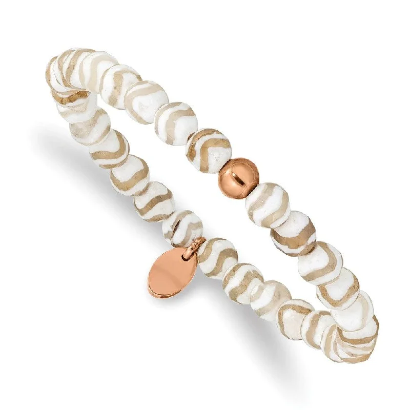 ladies bracelets packaging-Stainless Steel Polished Rose IP White Wave Agate Stretch Bracelet