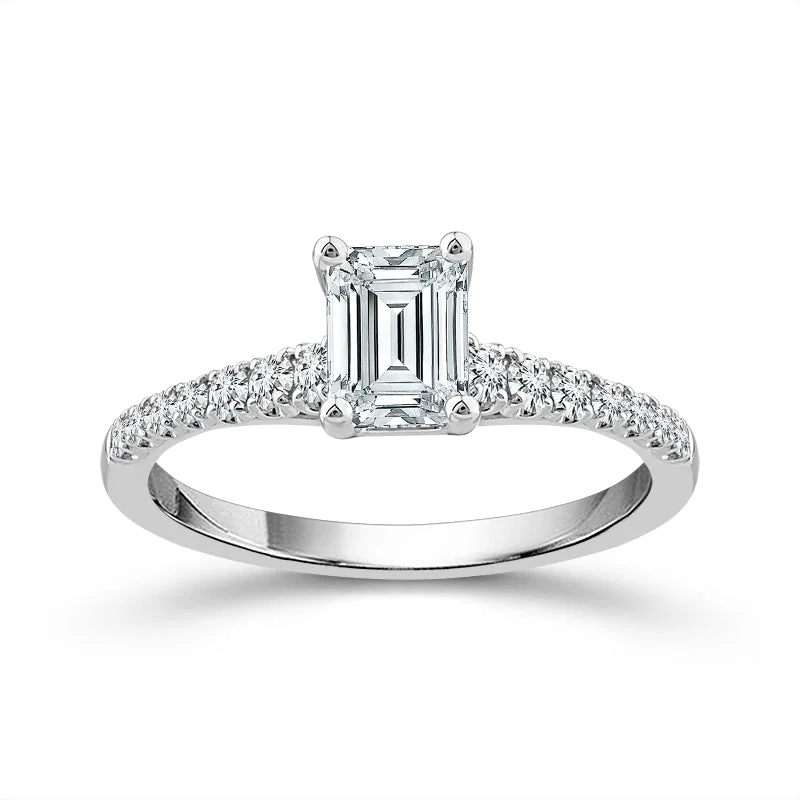 Ladies engagement rings sustainable design -0.88 Ctw Emerald Cut Lab Grown Diamond Engagement Ring in 14 Karat White Gold