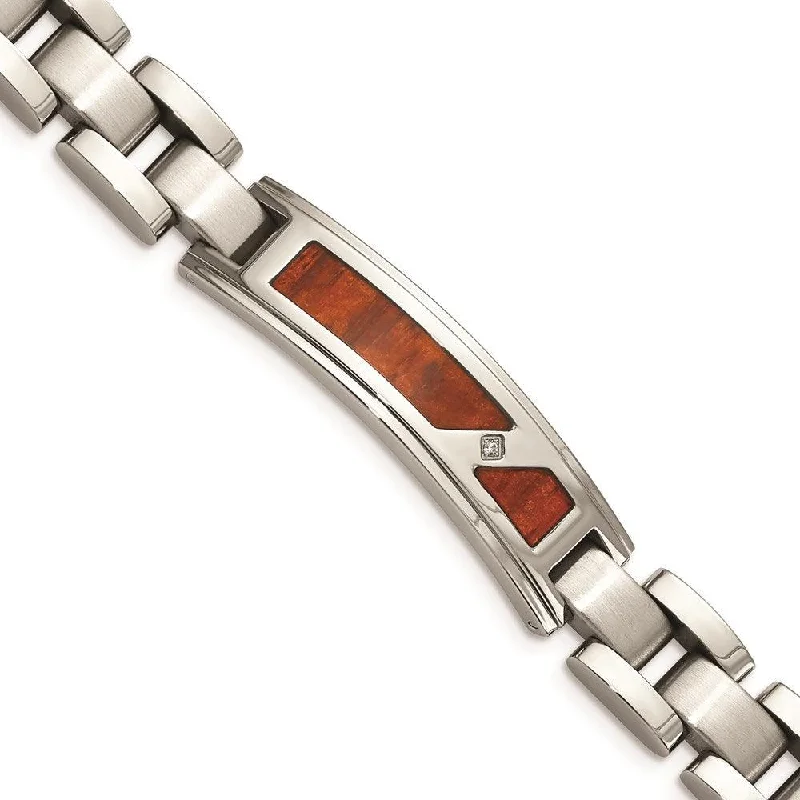 ladies bracelets subtle-Stainless Steel Brushed & Polished w/ Wood Inlay and CZ Bracelet