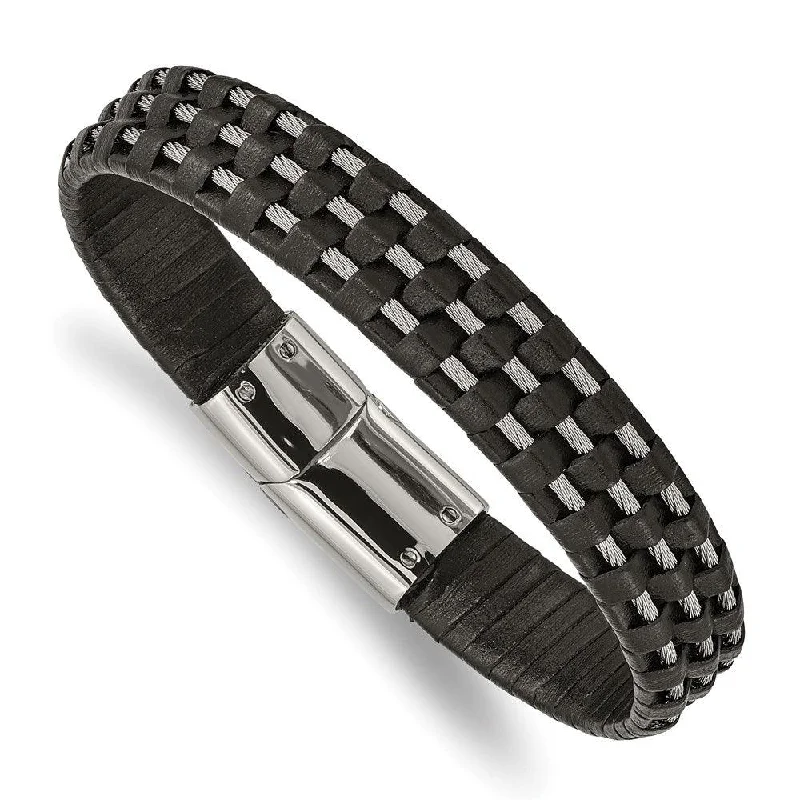 ladies bracelets detailed-Stainless Steel Polished Black Leather and Wire 8.5in Bracelet