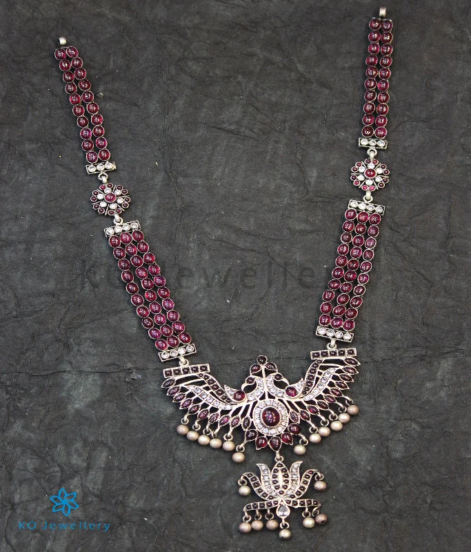 ladies necklaces purple-The Tejas Silver Peacock Kempu Necklace (Oxidised)