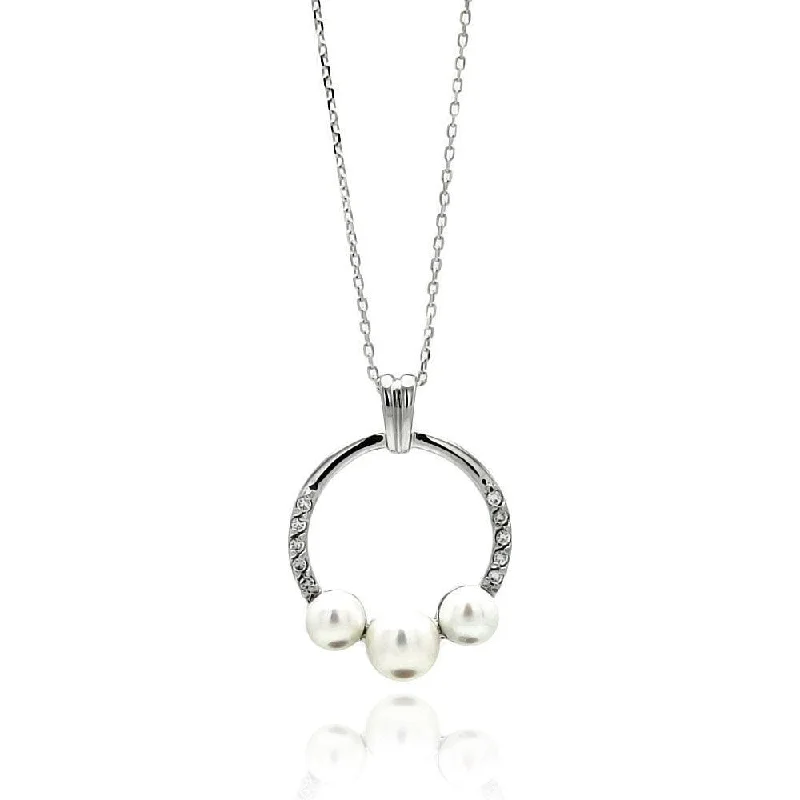 ladies necklaces treat-Silver 925 Rhodium Plated Open Circle Fresh Water Pearl Necklace - BGP00556