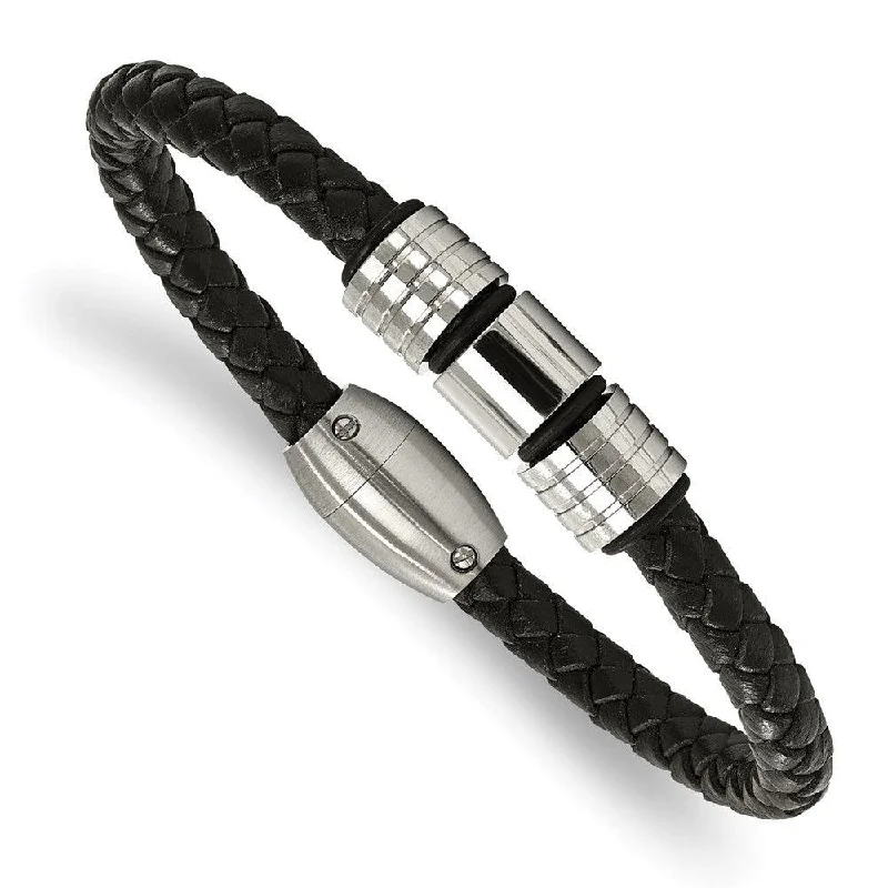 ladies bracelets milestone-Stainless Steel Polished and Brushed Leather Bracelet