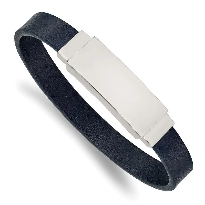 ladies bracelets peace-Stainless Steel Polished Blue Leather 8.5in ID Bracelet