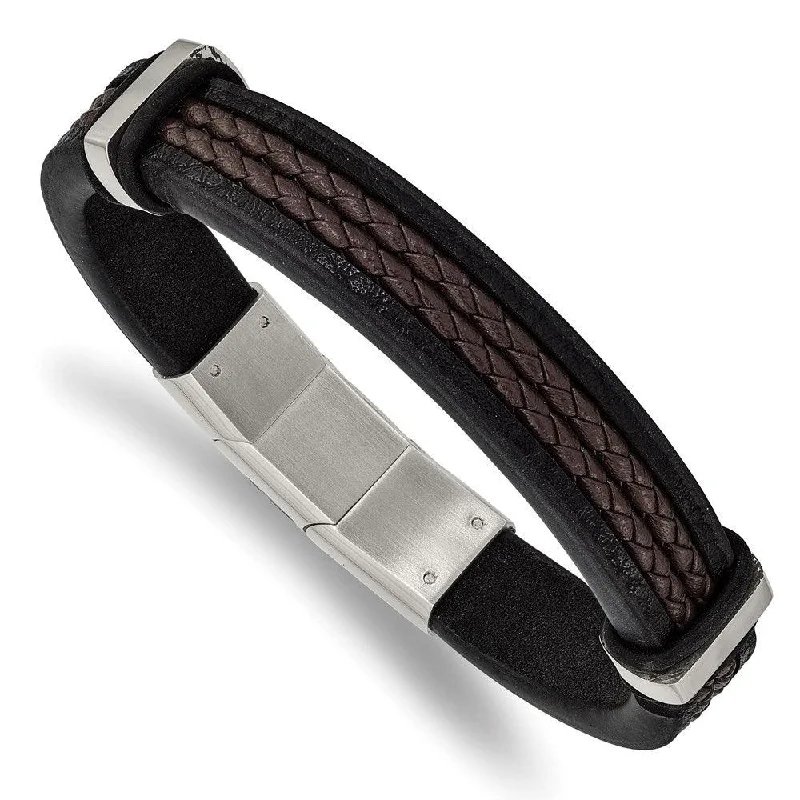 ladies bracelets auction-Stainless Steel Polished Black/Brown Braided Leather w/.5in ext. Bracelet