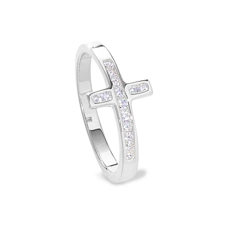 Ladies rings art deco -Platinum Finish Sterling Silver Micropave Cross Ring with Simulated Diamonds - size 9