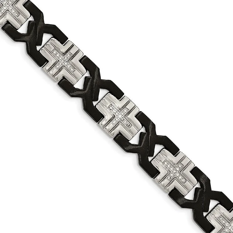 ladies bracelets thin-Stainless Steel Brushed and Polished Black IP-plated w/ CZ Bracelet