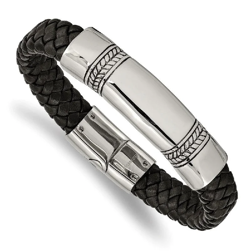 ladies bracelets fall-Stainless Steel Antiqued and Polished Black Leather 8.25in ID Bracelet