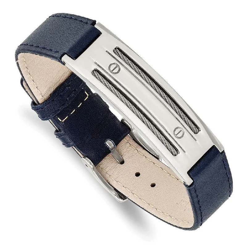 ladies bracelets unique-Stainless Steel Blue Leather w/Wire Adjustable Buckle Bracelet