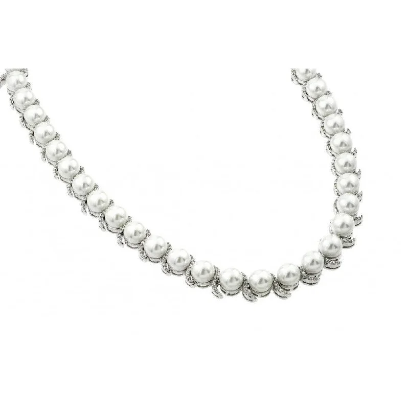 ladies necklaces pre owned-Silver 925 Rhodium Plated CZ Pearl Necklace - BGP00981