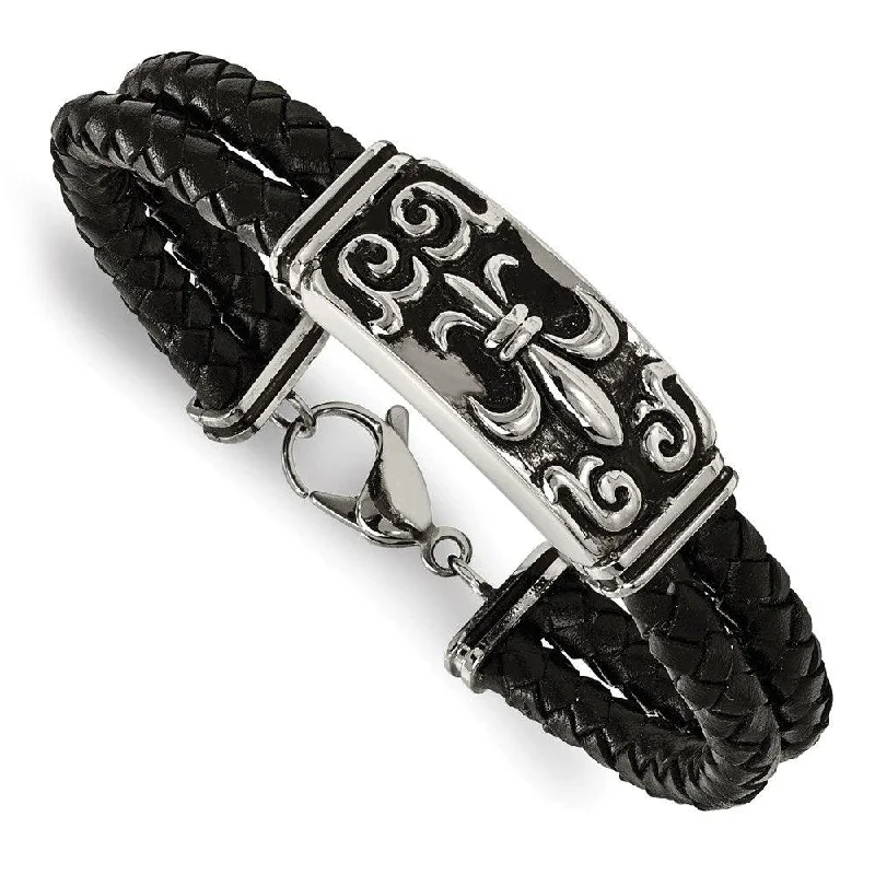 ladies bracelets intricate-Stainless Steel Polished Antiqued Fleur De Lis Black Leather Bracelet