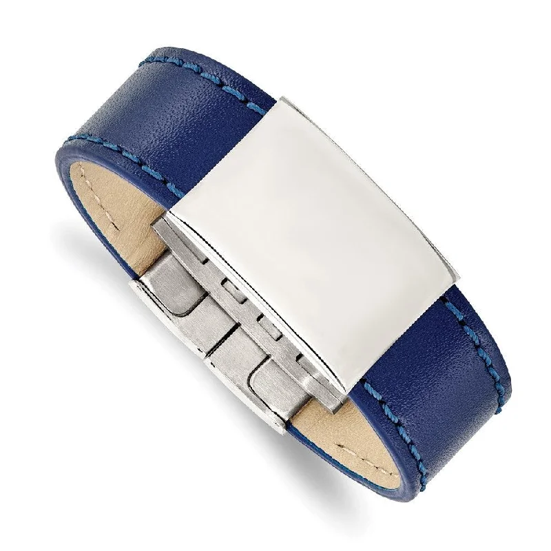 ladies bracelets bold statement-Stainless Steel Polished Blue Leather 8.25in ID Bracelet