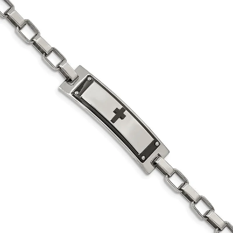 ladies bracelets victorian-Stainless Steel Polished Black IP-plated Cross 8.5in Link Bracelet