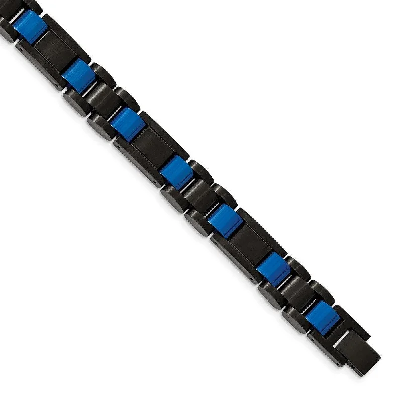 ladies bracelets cuff-Stainless Steel Brushed & Polished Black & Blue IP-plated 8.75in Bracelet