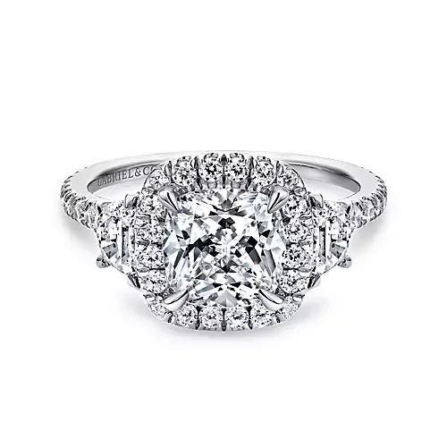 Ladies engagement rings nature inspired -Mia - 14K White Gold Cushion Three Stone Halo Diamond Engagement Ring