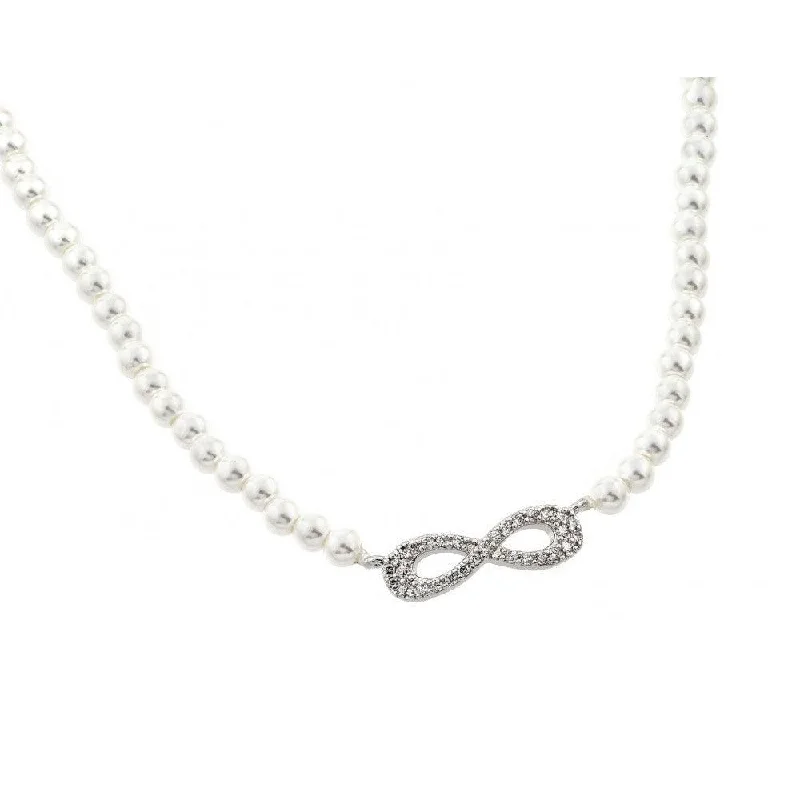 ladies necklaces sterling silver-Silver 925 Rhodium Plated Clear CZ Infinity Pendant on Synthetic Pearl Necklace - BGP00903