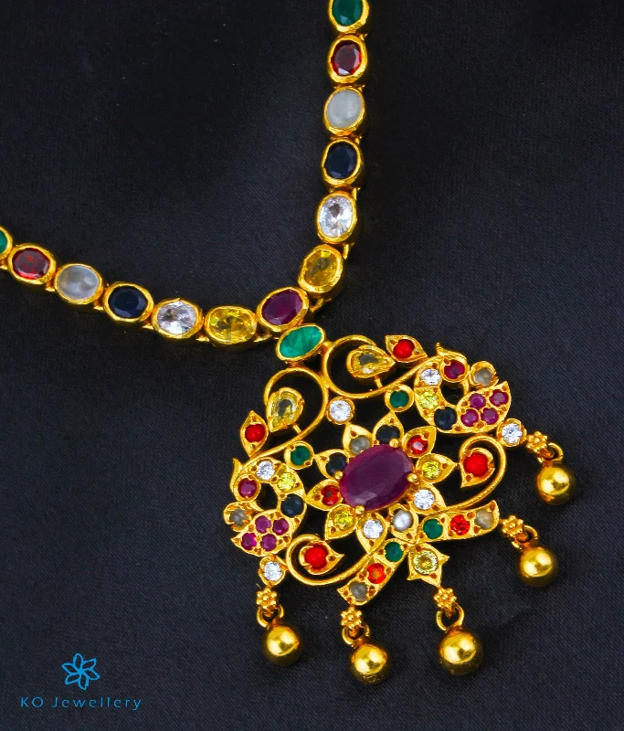 ladies necklaces oval-The Vashist Silver Navaratna Necklace