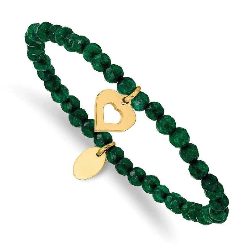 ladies bracelets eco friendly-Stainless Steel Polished Heart Yellow IP Green Jade Stretch Bracelet