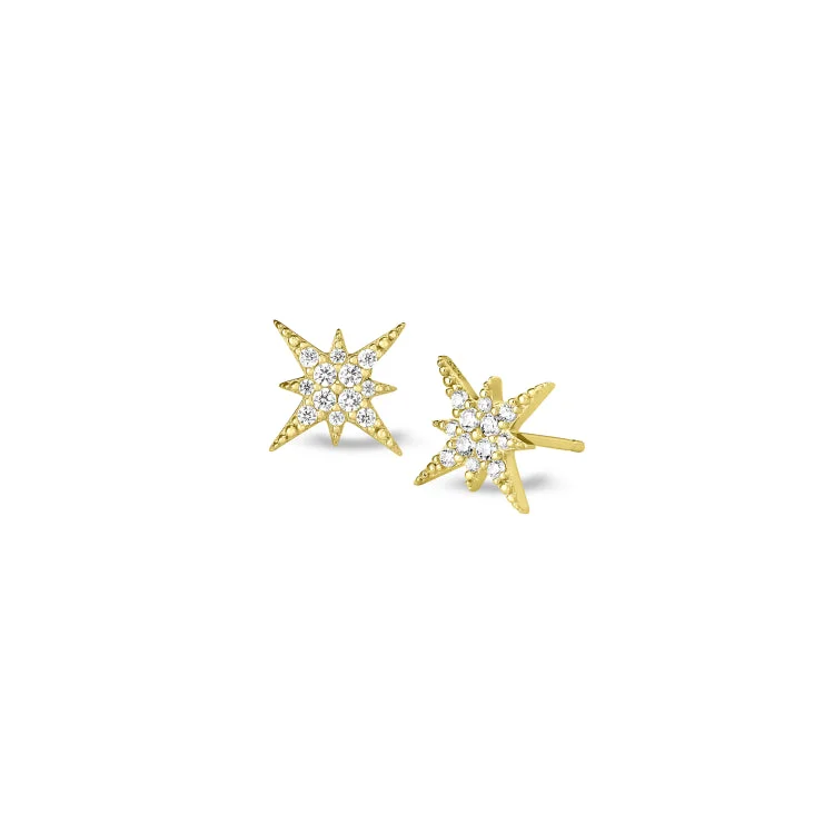 Ladies earrings two tone -Gold Finish Sterling Silver Micropave Starburst Earrings with Simulated Diamonds