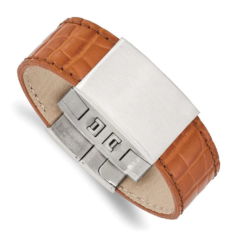 ladies bracelets outdoor-Stainless Steel Satin Textured Light Brown Leather 8in ID Bracelet