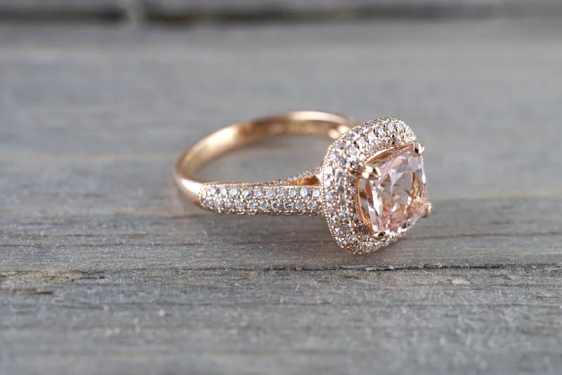 Ladies engagement rings resin art -6.5mm Morganite 18k Rose Gold Pave Halo Cushion Diamond Engagement Ring Vintage