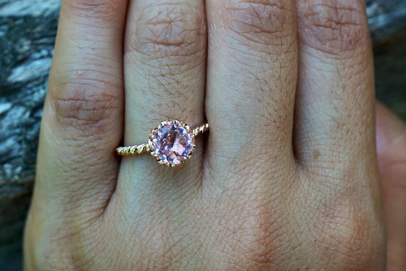 Ladies engagement rings regal look -Melrose 14k Gold Round Morganite Engagement Ring Crown Vintage 6mm