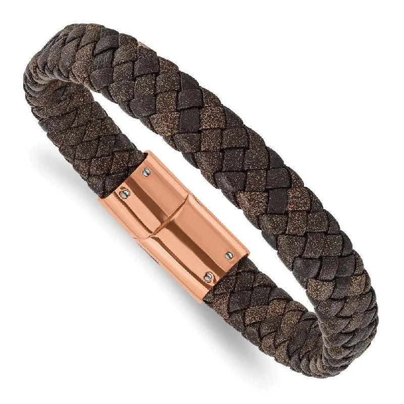 ladies bracelets round-Stainless Steel Polished Rose IP Braided Brown Leather Bracelet