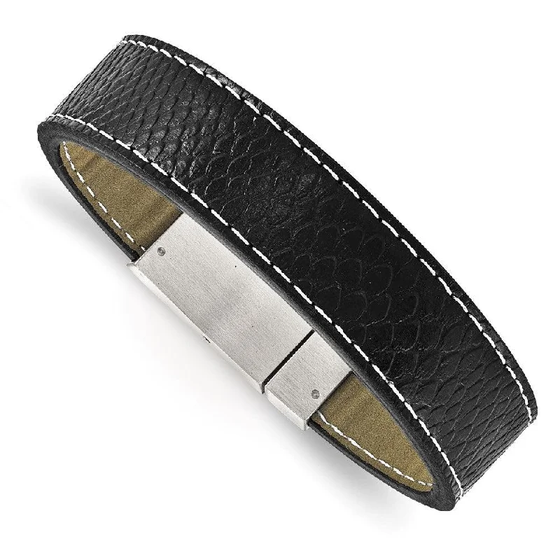 ladies bracelets luxury-Stainless Steel Brushed Black Leather Bracelet