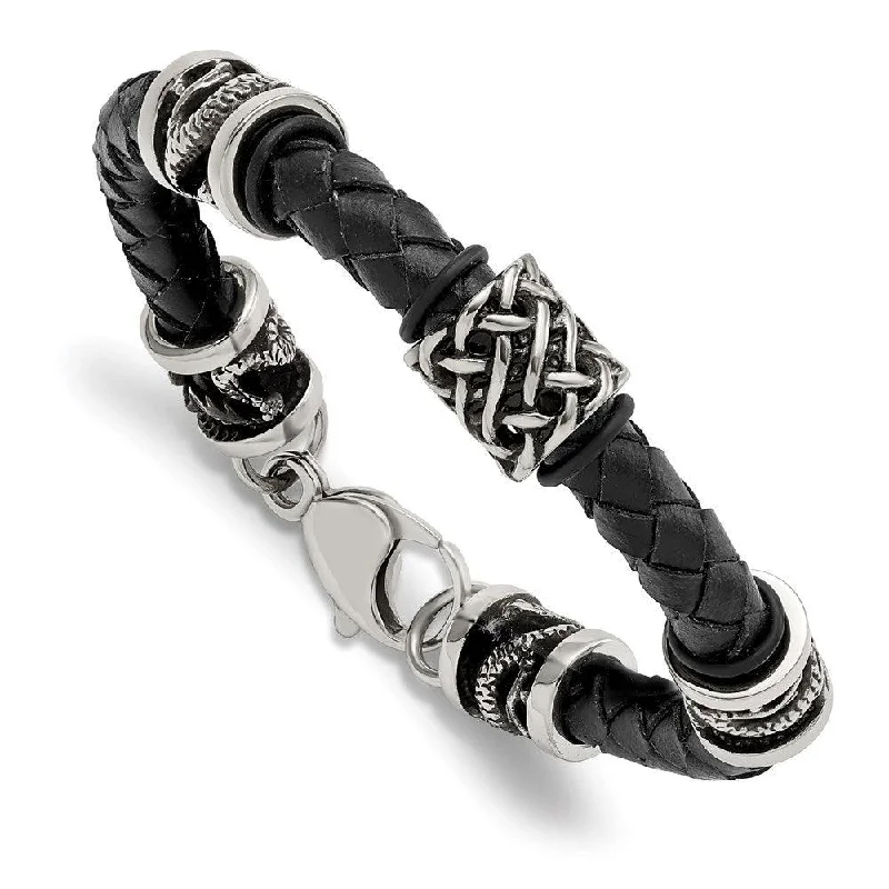 ladies bracelets travel-Stainless Steel Polished Antiqued Dragon Black Braided Leather Bracelet