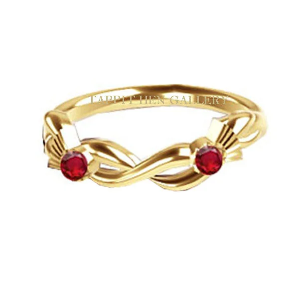 Ladies engagement rings silver band -Celtic Thistle Torque Twist Engagement Ring in 9ct Yellow Gold with Rubies