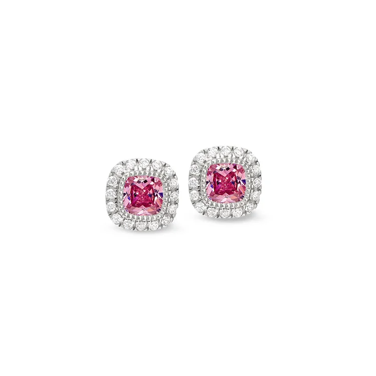 Ladies earrings japanese cherry -Platinum Finish Sterling Silver Micropave Simulated Pink Sapphire Earrings with Simulated Diamonds