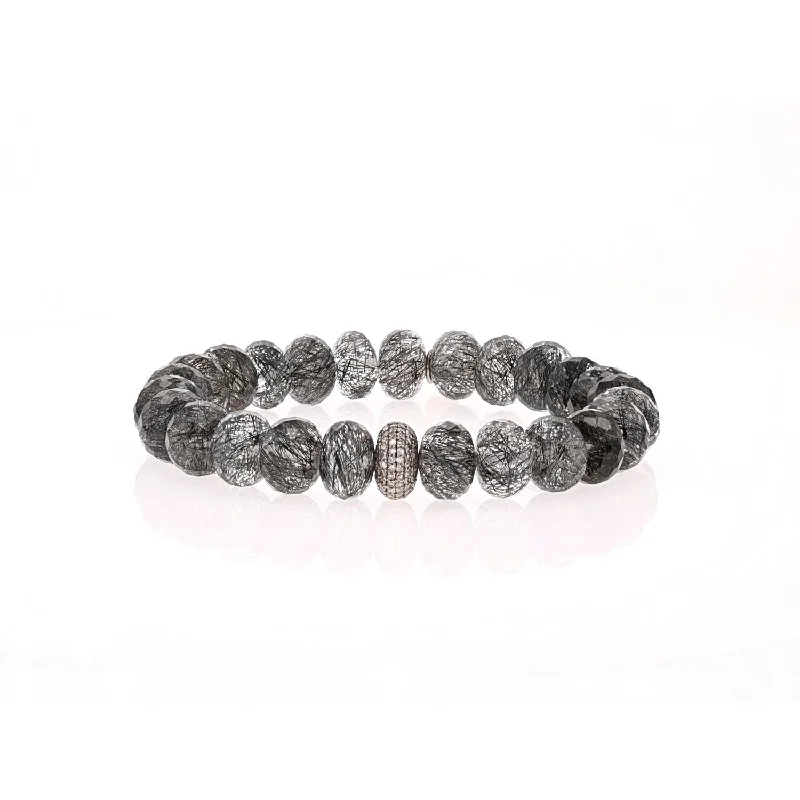 ladies bracelets adjustable-Black Tourmalinated Quartz Beaded Bracelet with Diamond Donut - 10mm