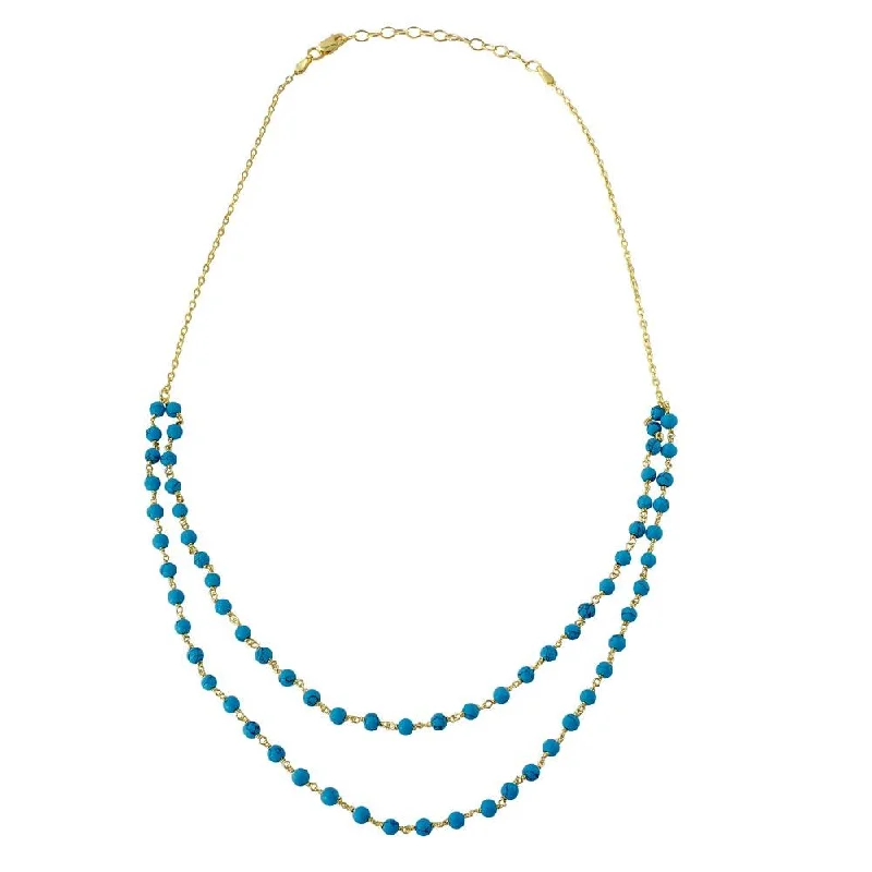 ladies necklaces premium-Gold Plated 925 Sterling Silver Double Strand Turquoise Bead Necklace - DIN00070GP