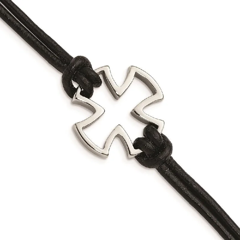 ladies bracelets online-Stainless Steel Polished Cross Black Leather Bracelet