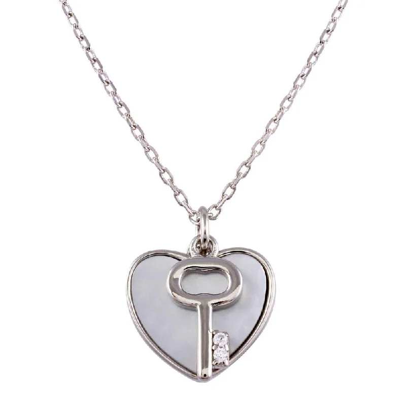 ladies necklaces affordable luxury-Rhodium Plated 925 Sterling Silver Key and Mother of Pearl Hearts Necklace - STP01757