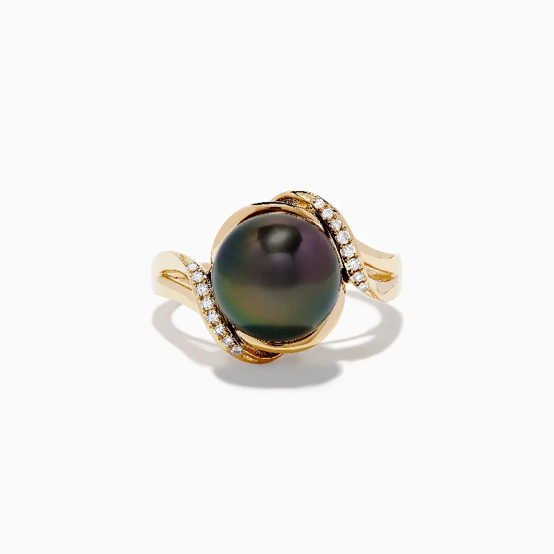 Ladies rings woven design -Pearl 14K Yellow Gold Diamond and Tahitian Pearl Ring