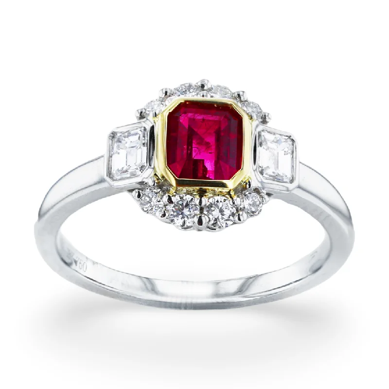 Ladies rings peridot green -JULEVE PLATINUM & GOLD 0.44CT RED EMERALD & 0.46CTW DIAMOND 3-STONE RING