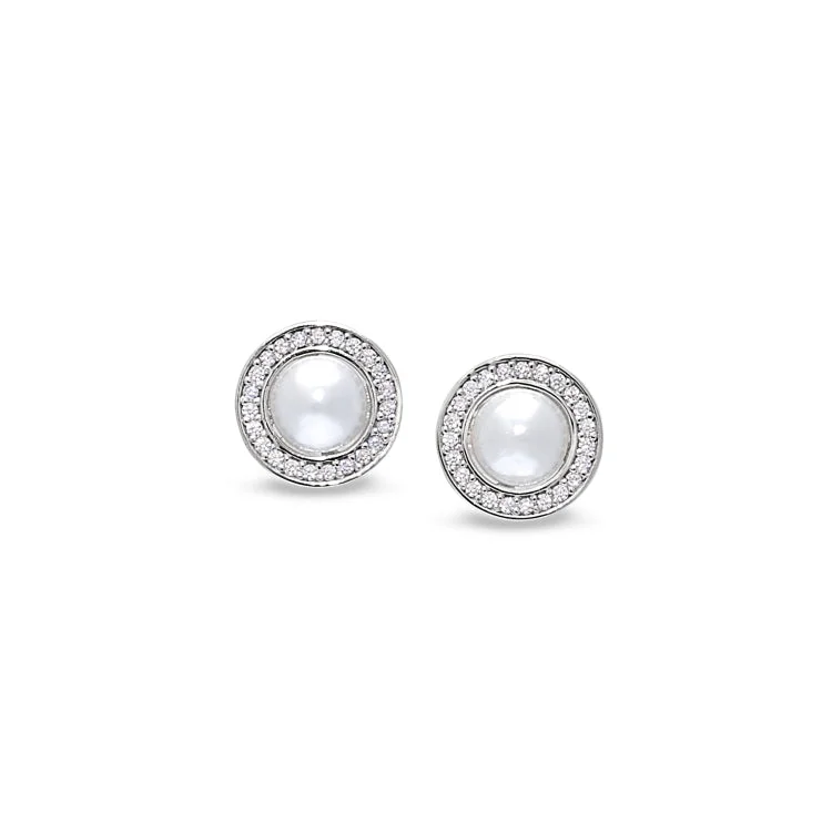 Ladies earrings steampunk vibe -Platinum Finish Sterling Silver Micropave Round Cabochon Pearl Earrings with Simulated Diamonds