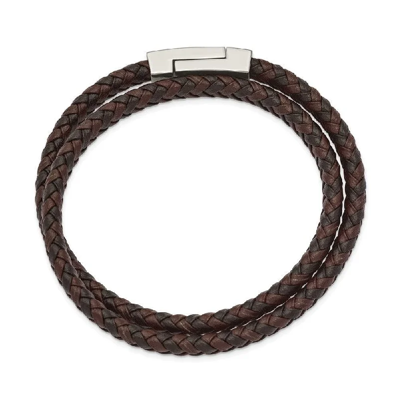 ladies bracelets healing-Stainless Steel Polished Brown/Black Leather Braided 15.75in Wrap Bracelet