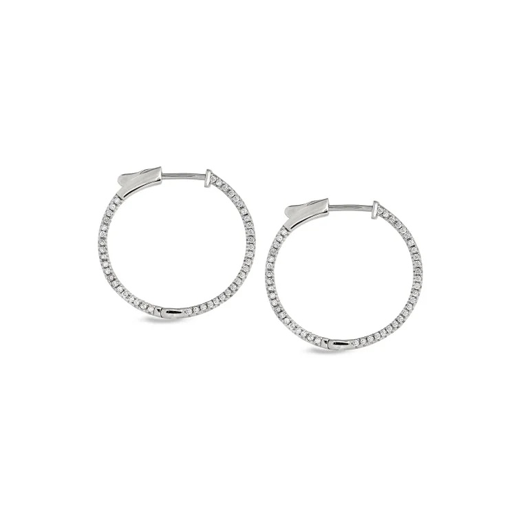 Ladies earrings new job -Platinum Finish Sterling Silver Micropave Side Stones Medium Hoop Earrings with Simulated Diamonds