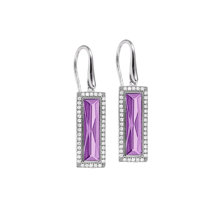 Ladies earrings opal stone -Rhodium Finish Sterling Silver Earrings with Rectangular Simulated Light Amethyst Stones and Simulated Diamonds