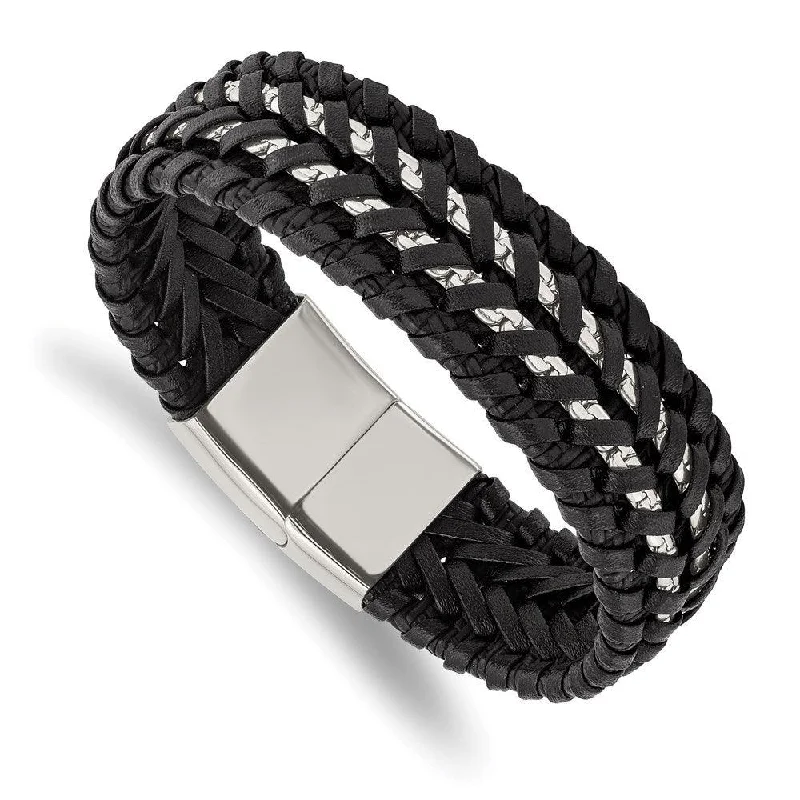 ladies bracelets rigid-Stainless Steel Polished Black Woven Leather and Chain 8.5in Bracelet