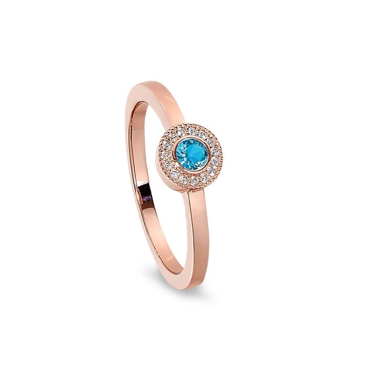 Ladies rings yoga inspired -Rose Gold Finish Sterling Silver Micropave Round Simulated Blue Topaz Ring with Simulated Diamonds Size 5