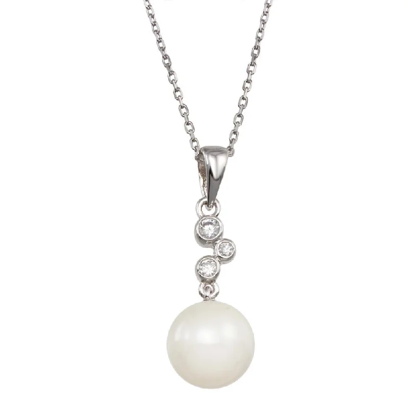 ladies necklaces y shaped-Rhodium Plated 925 Sterling Silver Synthetic Pearl CZ Drop Necklace - BGP00973