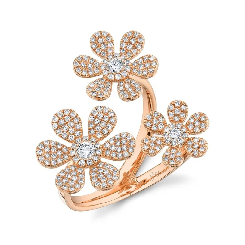 Ladies rings crystal accent -14KT Gold 0.62 CTW Diamond Pave 3 Flower Ring