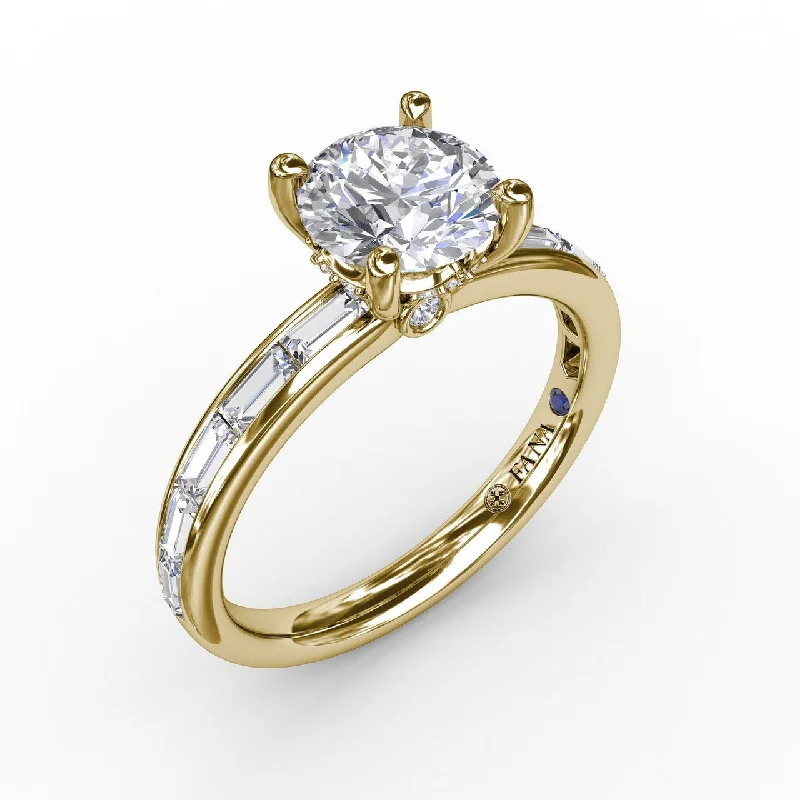 Ladies engagement rings regal look -14 Karat Yellow Gold Fana 0.71 Carat Classic Round With Baguette Diamond Shank Engagement Ring Setting