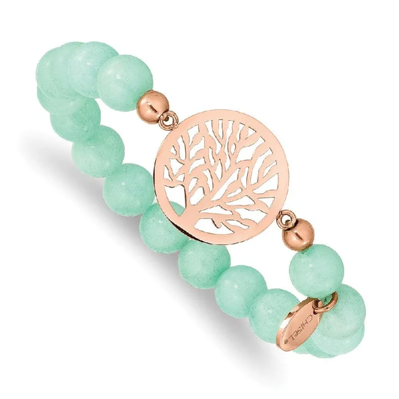 ladies bracelets wedding-Stainless Steel Polished Rose IP Tree Green Dyed Jade Stretch Bracelet