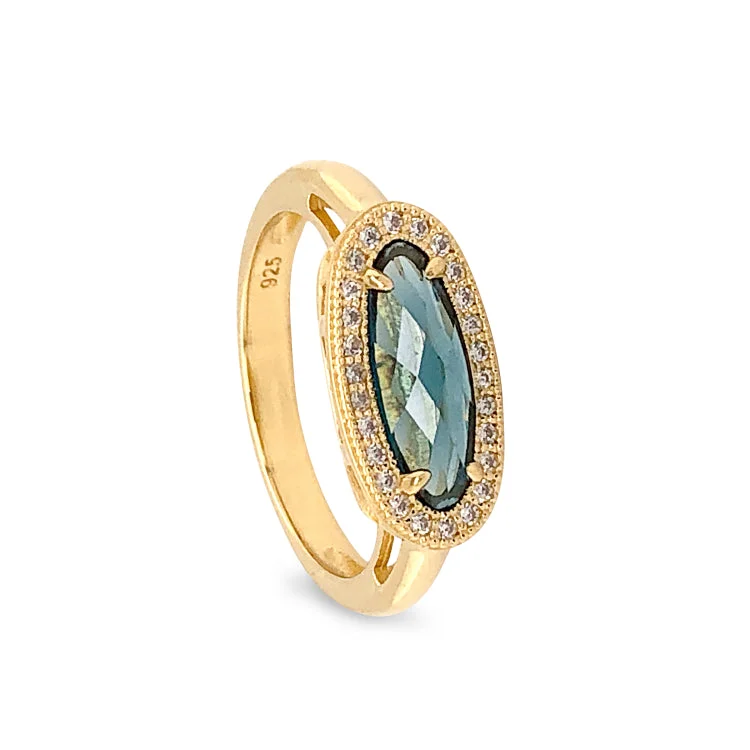 Ladies rings lab created -Gold Finish Sterling Silver Micropave Oblong Ring with Simulated London Blue Topaz and Simulated Diamonds